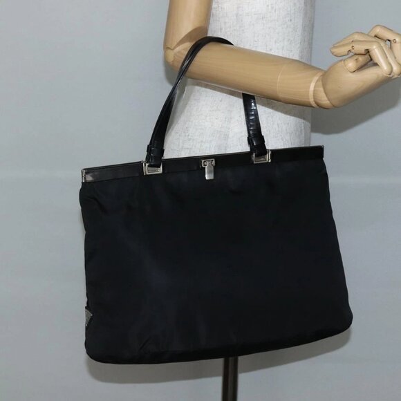 PRADA Tote Bag Nylon Black Silver Auth